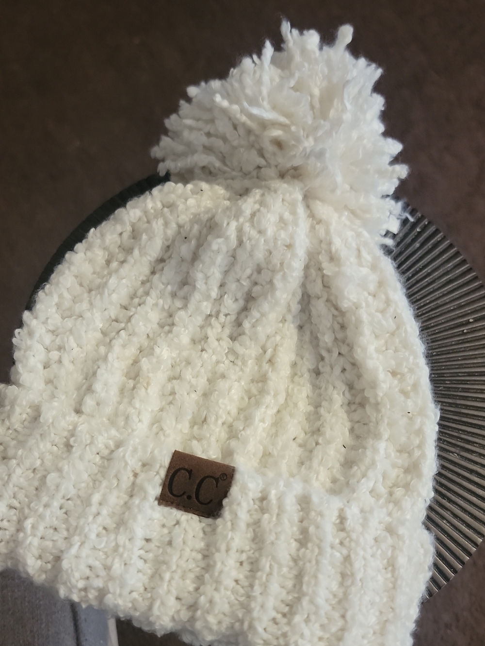 C.C Womans White Pom-Pom Knit Beanie with Logo Patch